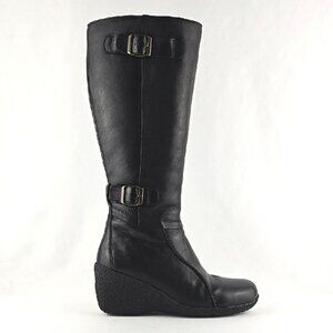 Hush Puppies Women's Tall Black Waterproof Leather Wedge Boots Insulated Size 6M